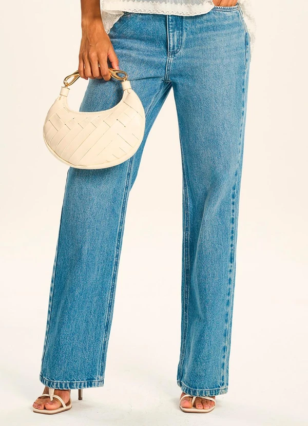 Doce Trama - Calça Jeans Reta Cintura Alta Peônia Azul