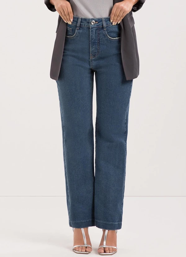 Lunender - Calça Jeans Reta Cropped com Chapa Barriga Azul