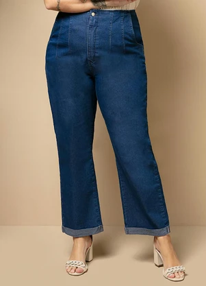 Quintess - Calça Jeans Reta de Cintura Alta com Pregas - QUINTESS