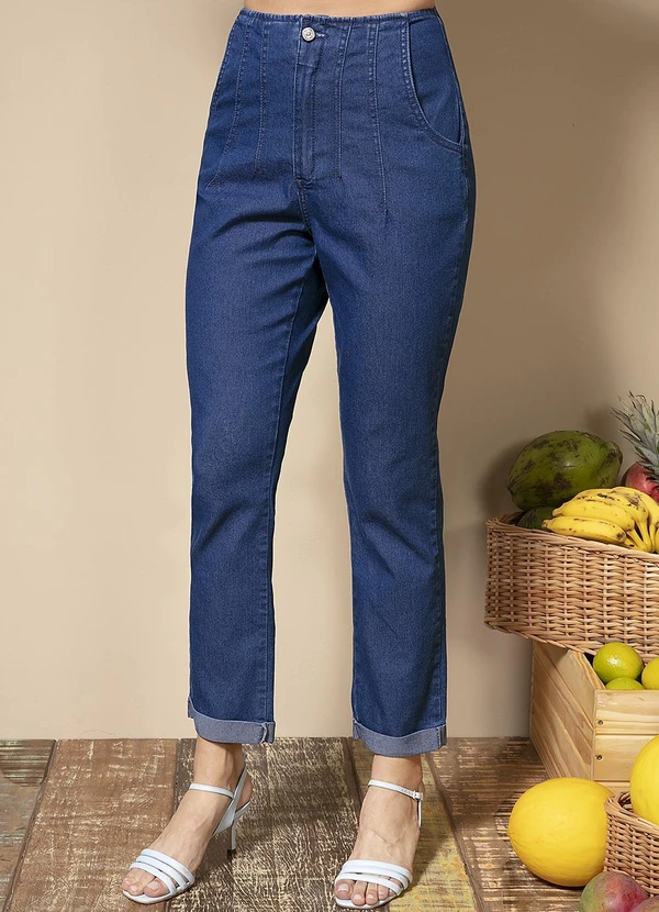 Quintess - Calça Jeans Reta de Cintura Alta com Pregas 4