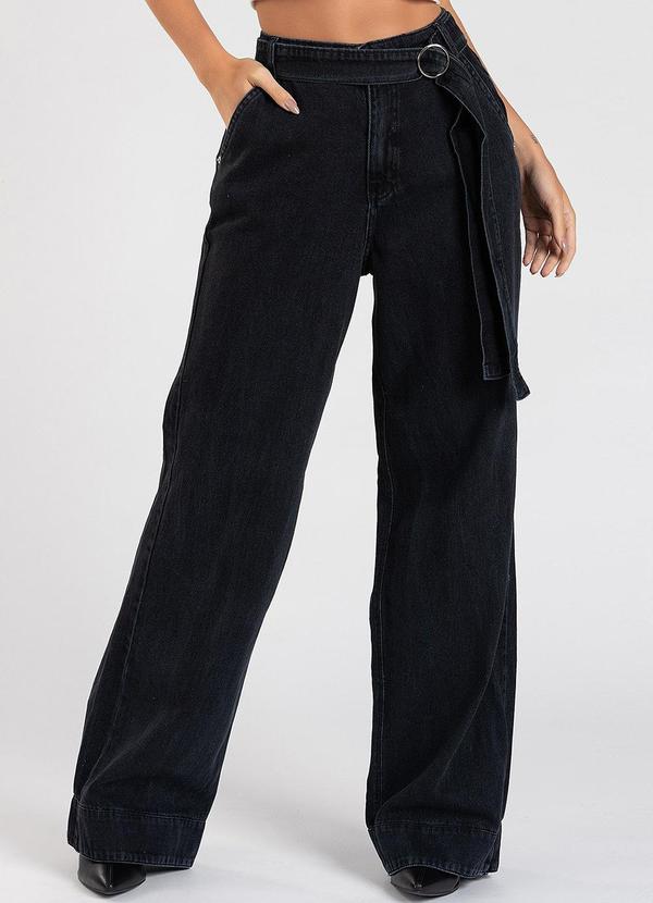 Meu Jeans - Calça Jeans Wide Leg c/ Cinto Removível Preto