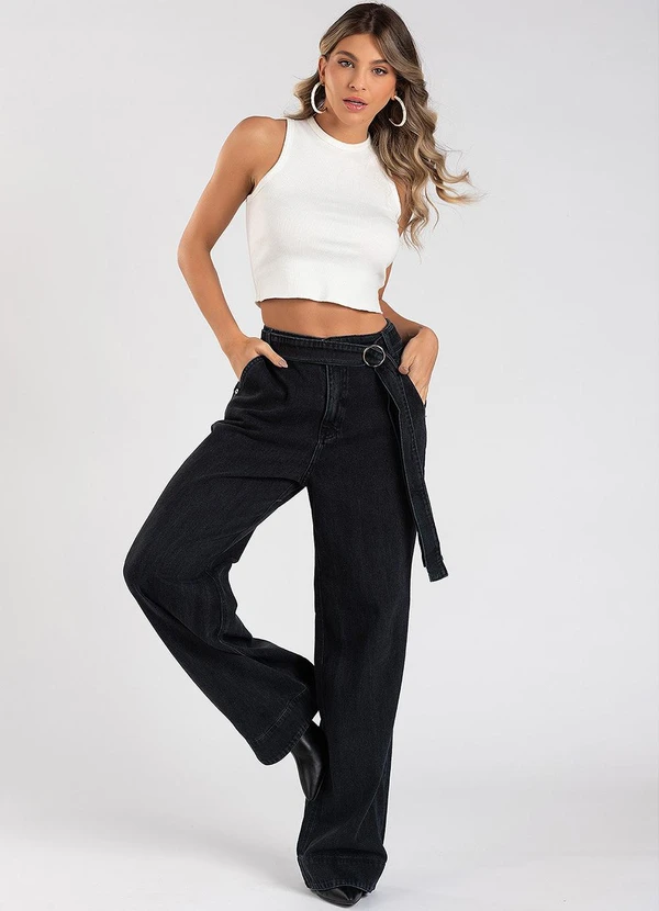 Meu Jeans - Calça Jeans Wide Leg c/ Cinto Removível Preto 3