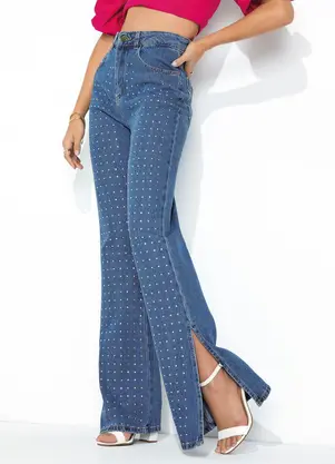 Sawary Jeans - Calça Jeans Wide Leg com Brilho e Fendas Sawary - SAWARY JEANS