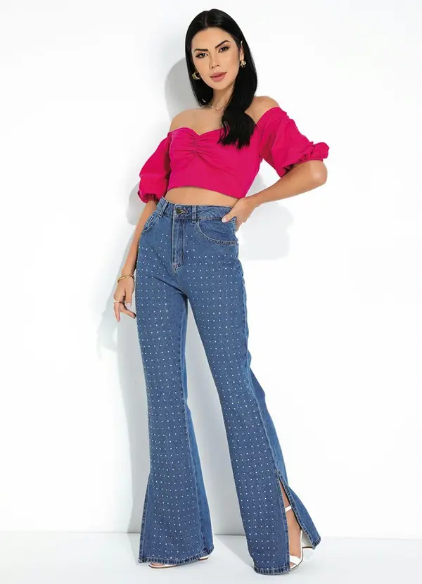 Sawary Jeans - Calça Jeans Wide Leg com Brilho e Fendas Sawary 4