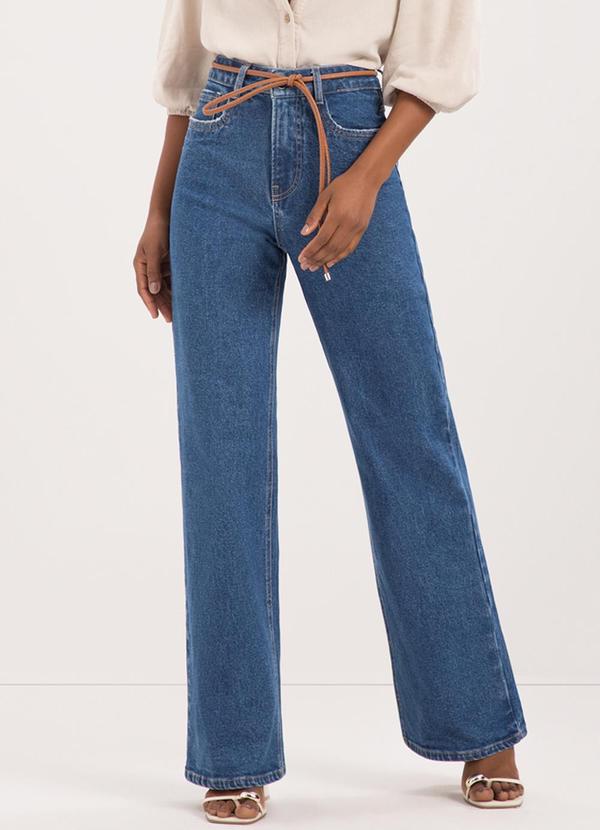 Lunender - Calça Jeans Wide Leg com Chapa Barriga Azul