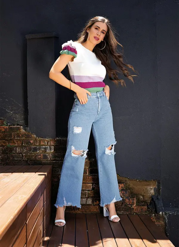 Sawary Jeans - Calça Jeans Wide Leg com Destroyed Sawary