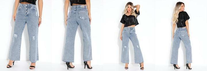 Cal�a Jeans Wide Leg com Efeito Destroyed Sawary