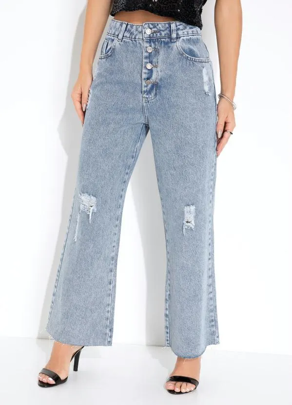 Sawary Jeans - Calça Jeans Wide Leg com Efeito Destroyed Sawary