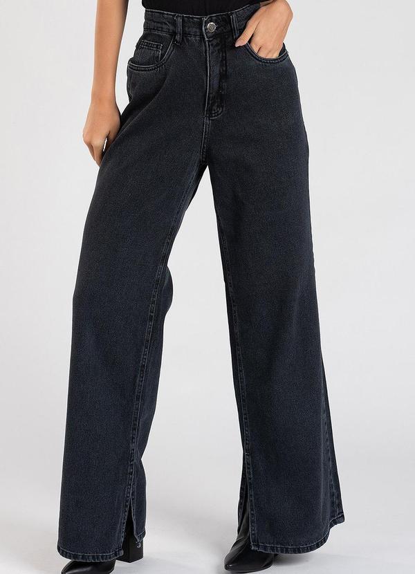Meu Jeans - Calça Jeans Wide Leg com Fenda Preto