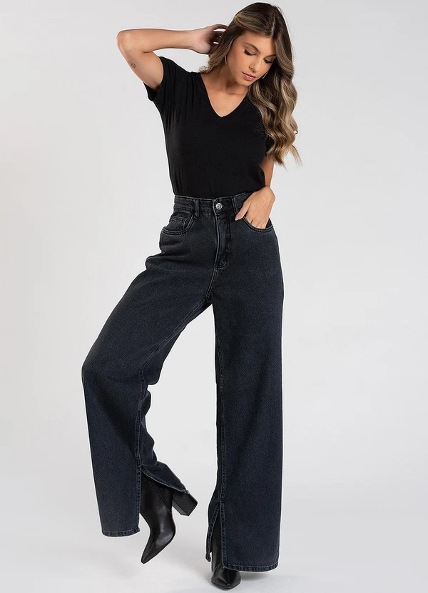 Meu Jeans - Calça Jeans Wide Leg com Fenda Preto 3