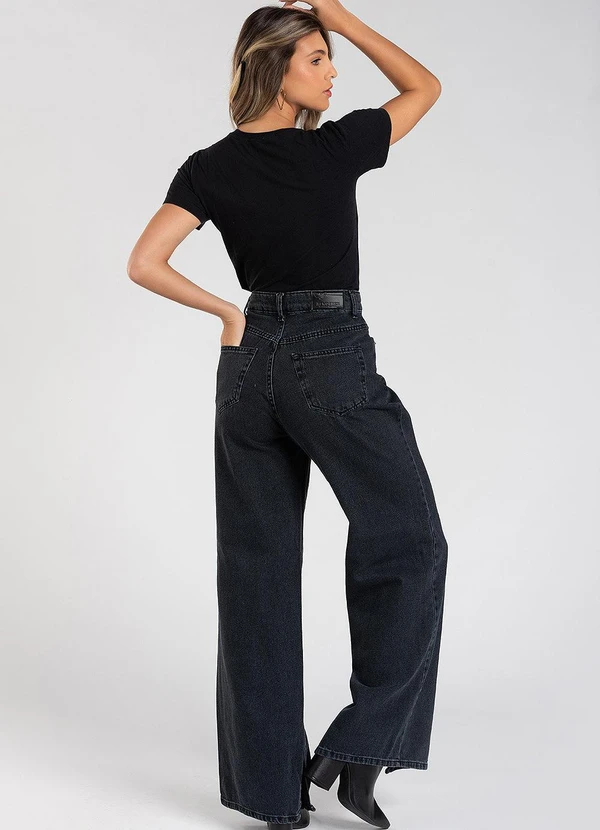 Meu Jeans - Calça Jeans Wide Leg com Fenda Preto 4