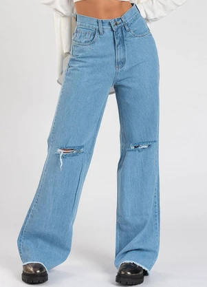 Meu Jeans - Calça Jeans Wide Leg Desfiada Marmorizada Azul - MEU JEANS
