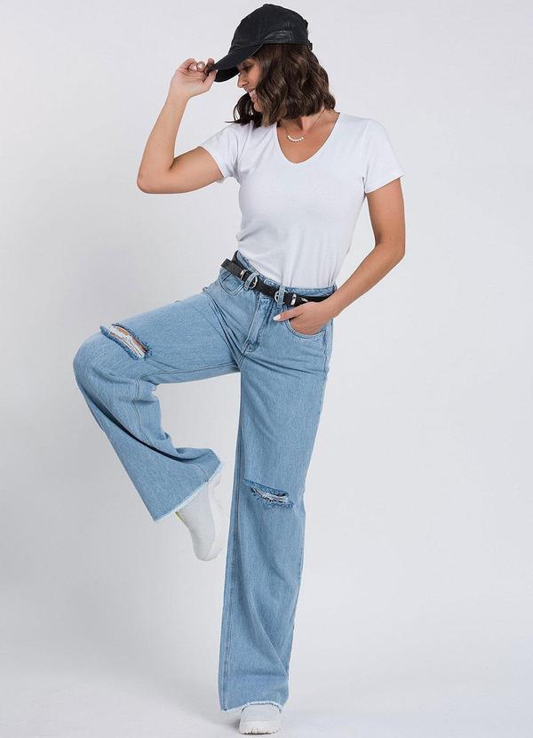 Meu Jeans - Calça Jeans Wide Leg Desfiada Marmorizada Azul 5