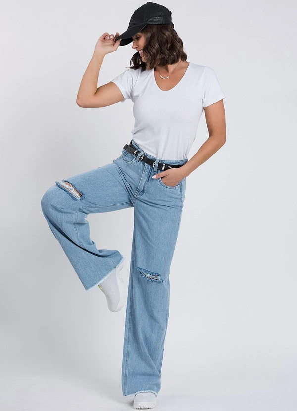 Meu Jeans - Calça Jeans Wide Leg Desfiada Marmorizada Azul 5