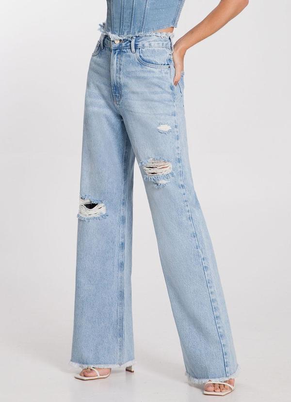 Lunender - Calça Jeans Wide Leg Destroyed Azul