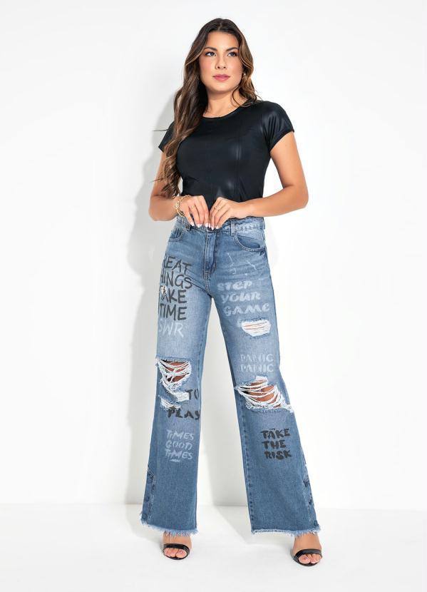 Outlet - Calça Jeans Wide Leg Destroyed Estampada Sawary 4