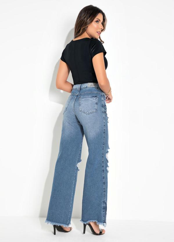 Outlet - Calça Jeans Wide Leg Destroyed Estampada Sawary 5