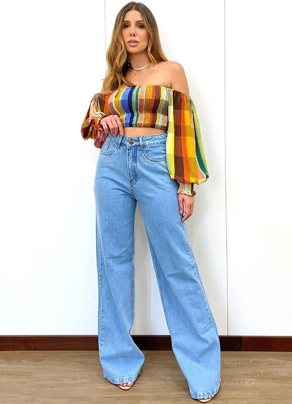 Meu Jeans - Calça Jeans Wide Leg Reta Marmorizada Azul 3