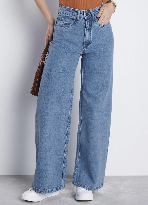 Meu Jeans - Calça Jeans Wide Leg Reta Marmorizada Gio Jeans Claro