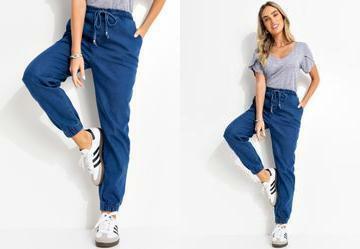 Cala Jogger Jeans Mdio Cintura Alta com Bolsos