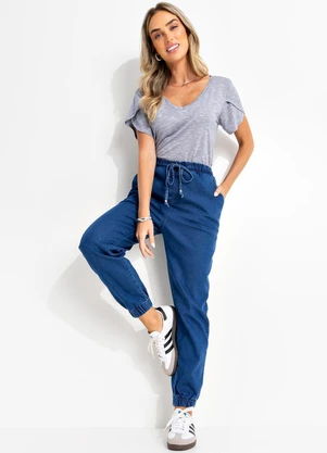 Quintess - Calça Jogger Jeans Médio Cintura Alta com Bolsos - QUINTESS