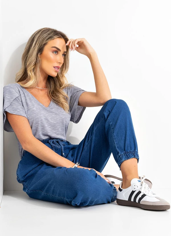Quintess - Calça Jogger Jeans Médio Cintura Alta com Bolsos 3