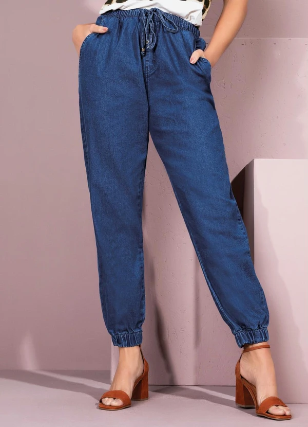 Quintess - Calça Jogger Jeans Médio Cintura Alta com Bolsos 5
