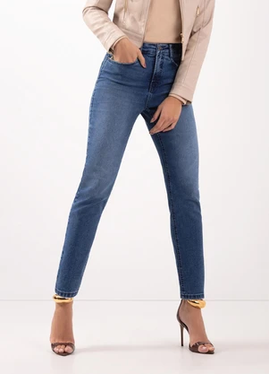 Lunender - Calça Mom Jeans de Cintura Alta com Bolsos Azul - LUNENDER