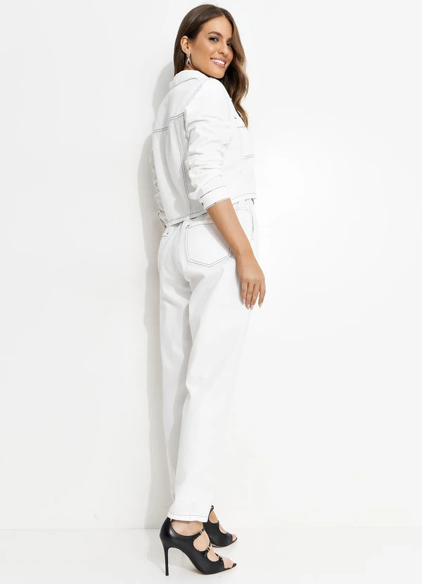 Quintess - Calça Jeans Clochard Off White com Cintura Alta e Costura em Contraste 5