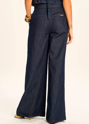 Doce Trama - Calça Palazzo Jeans Cintura Alta Miragem Azul - DOCE TRAMA