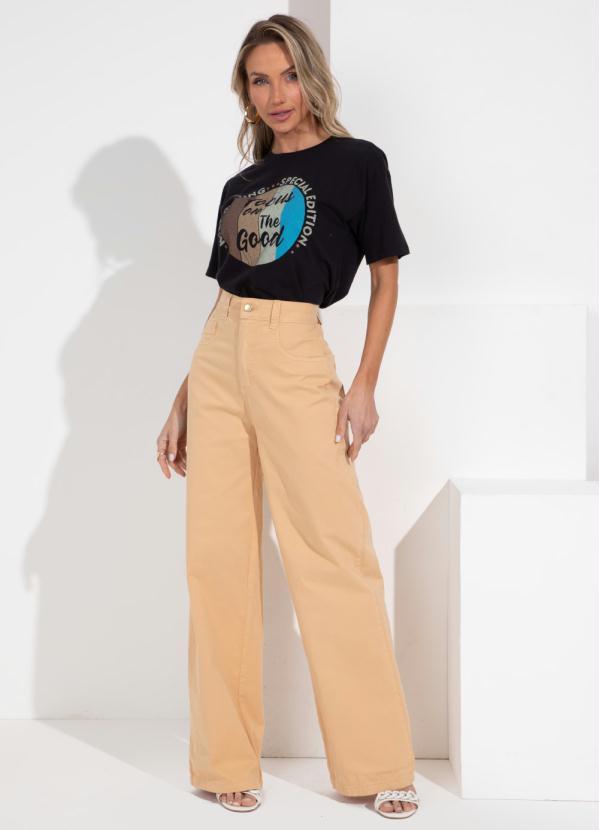 Quintess - Calça Pantalona com Bolsos Jeans Bege 3