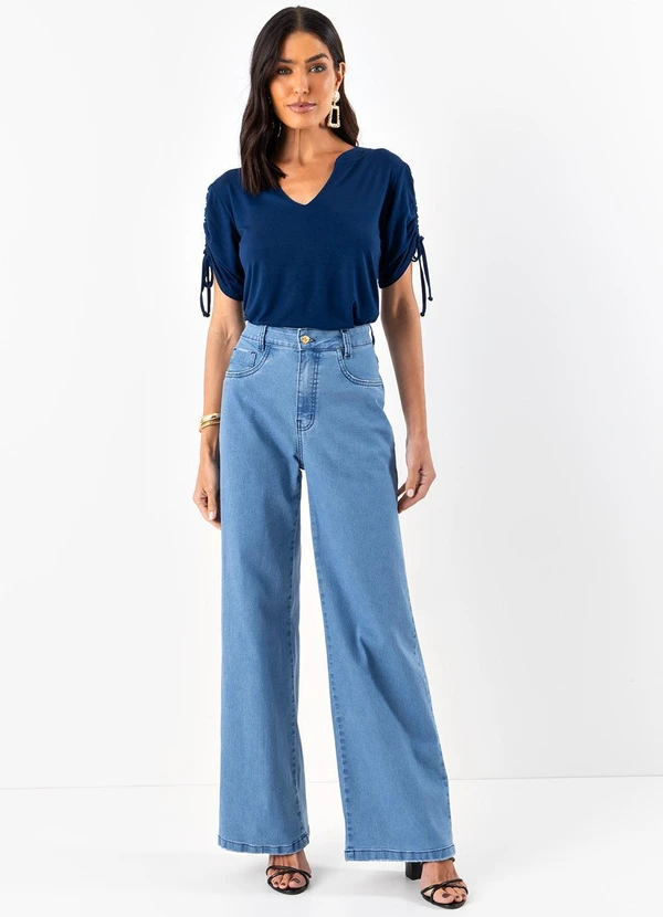 Quintess - Calça Pantalona com Bolsos Jeans Claro 7