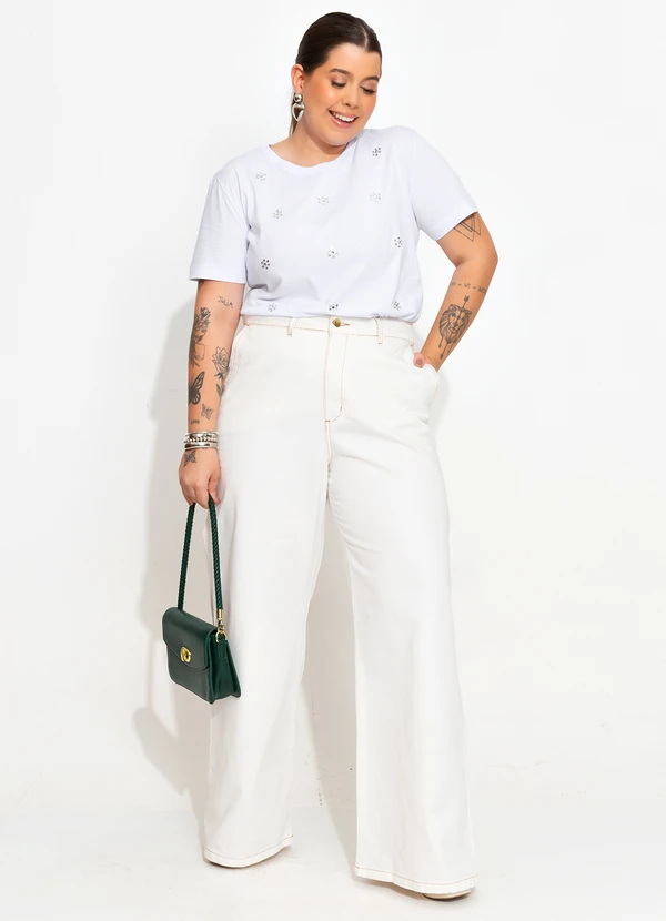 Quintess - Calça Pantalona Off White em Jeans 6