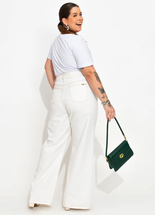 Quintess - Calça Pantalona Off White em Jeans 7