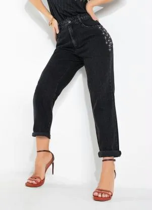 Sawary Jeans - Calça Preta Reta com Apliques Laterais Sawary - SAWARY JEANS