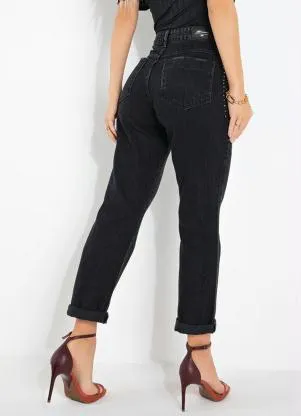 Sawary Jeans - Calça Preta Reta com Apliques Laterais Sawary - SAWARY JEANS