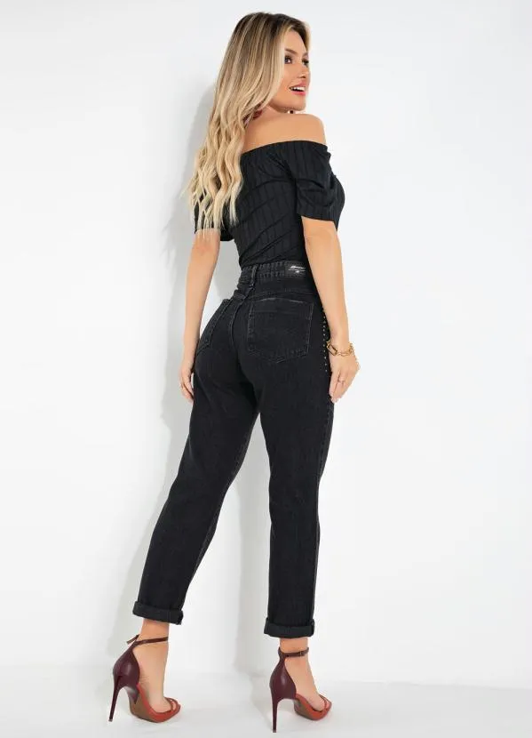 Sawary Jeans - Calça Preta Reta com Apliques Laterais Sawary 4
