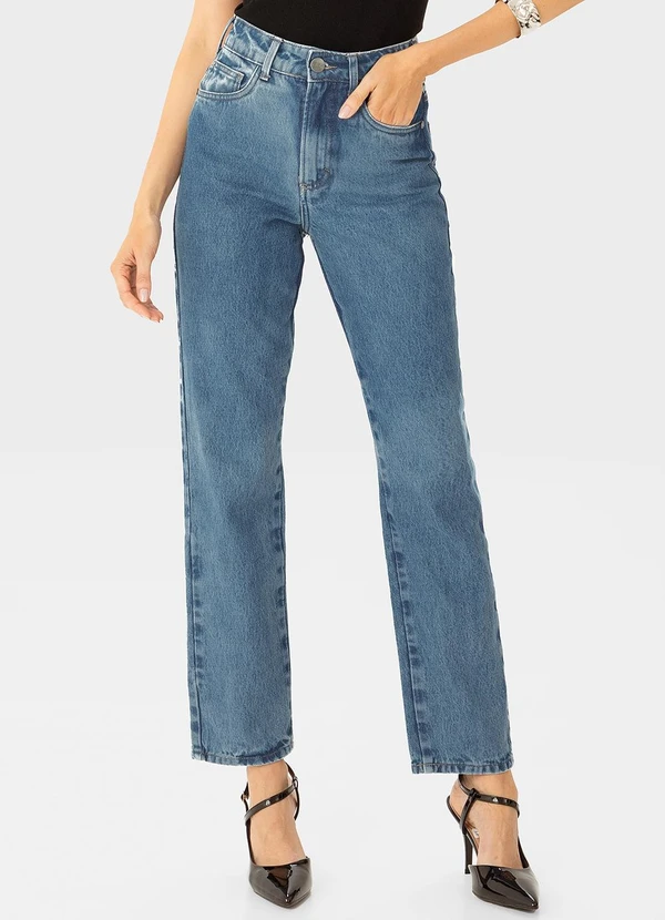 Enfim - Calça Reta Cintura Alta Jeans Azul