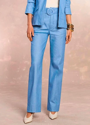 Doce Trama - Calça Reta Jardim Boho em Denim Azul - DOCE TRAMA