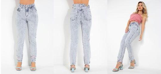 Cal�a Reta Jeans Clara com Destroyed e Bolsos