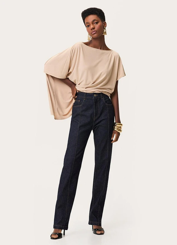 Enfim - Calça Reta Jeans com Cintura Alta Azul Escuro