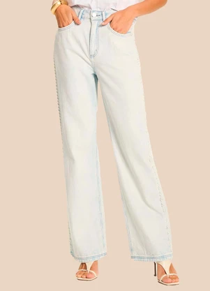 Doce Trama - Calça Reta Jeans com Pérolas Peônia Azul - DOCE TRAMA