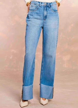 Doce Trama - Calça Reta Peônia Tropical Gardem em Denim Azul - DOCE TRAMA