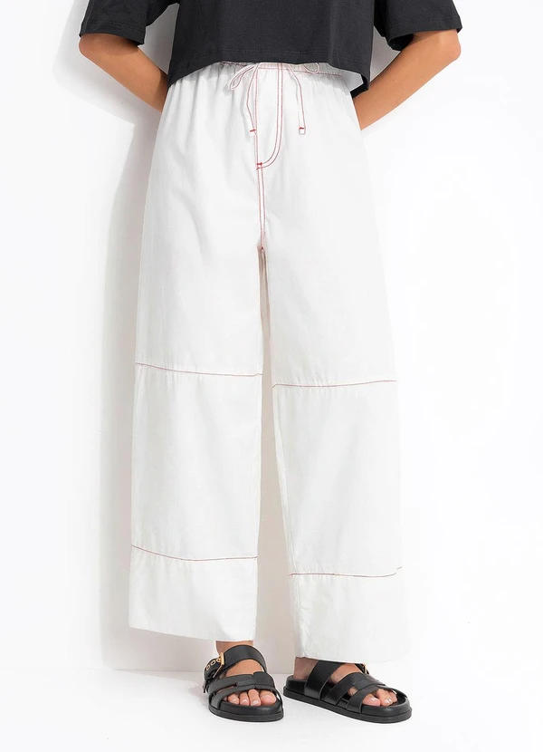Cantão - Calça Sarja Maxi Barrel Delírio Branco