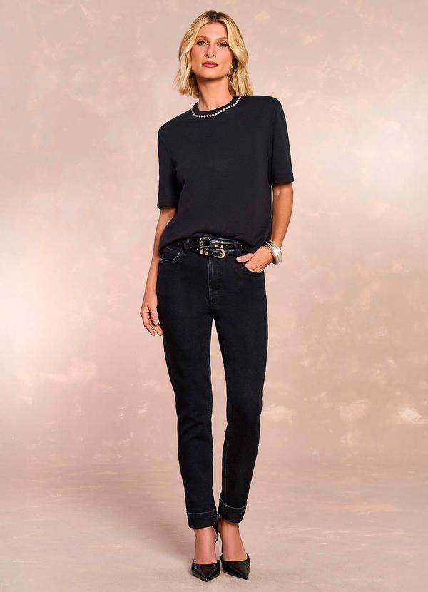 Doce Trama - Calça Skinny Flora Jardim Boho em Denim Preto