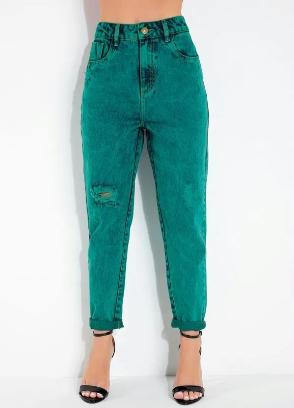 Sawary Jeans - Calça Verde Mom Jeans com Puídos Sawary