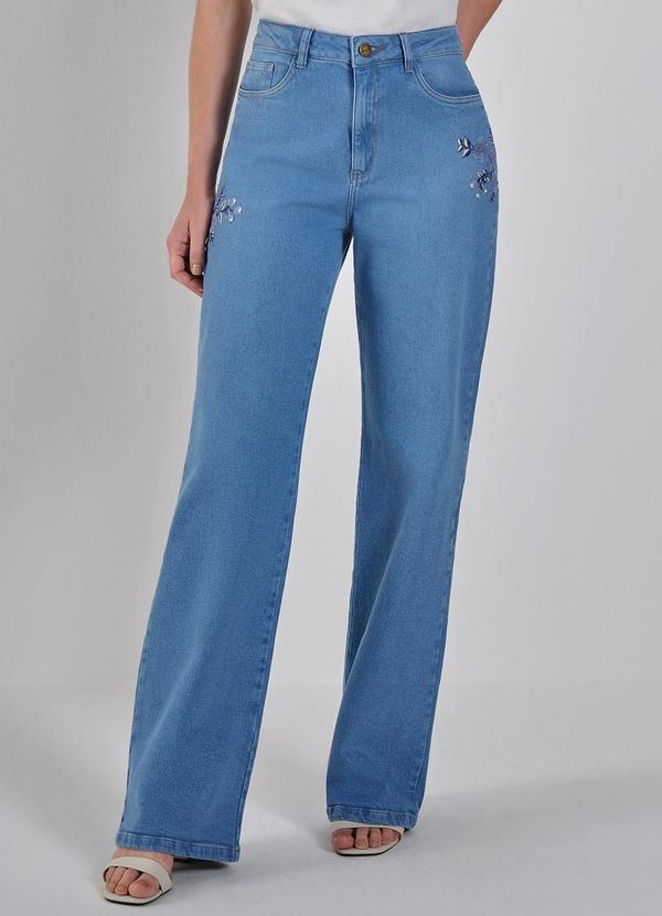 Principessa - Calça Wide Leg Jeans Aplique Bordado Damiana Azul
