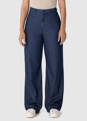 Malwee - Calça Wide Leg Jeans Cintura Alta Azul Escuro - MALWEE