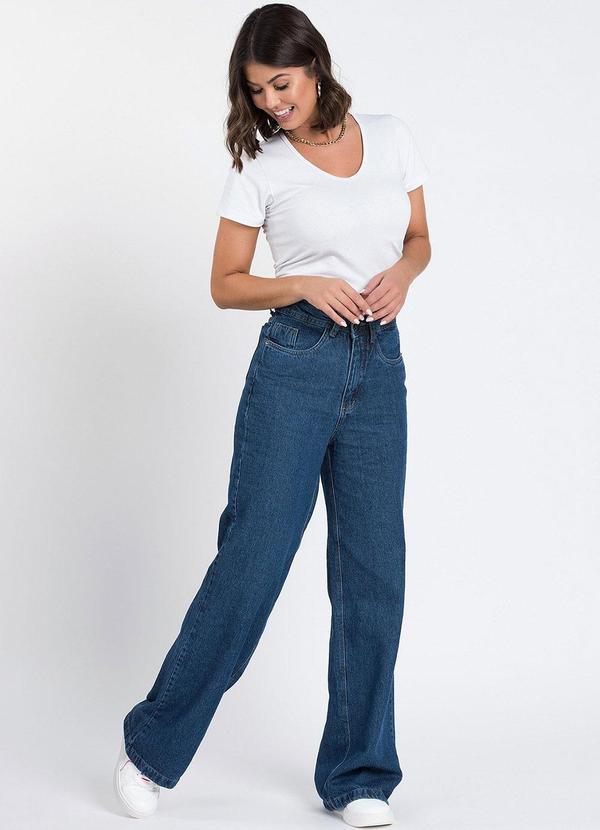 Meu Jeans - Calça Wide Leg Reta Jeans Escuro Azul 3