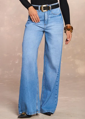 Doce Trama - Calça Wide Leg Rosa Jardim Boho em Denim Azul - DOCE TRAMA